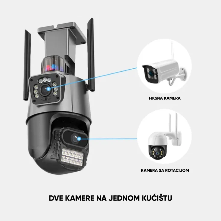 Slika 4 - Spoljna IP Wi-Fi Dual Kamera 3MP + 3MP sa IR Noćnim Vidom, PTZ Rotacijom i Dvosmernim Zvukom – Bežična, IP65, microSD do 256GB
