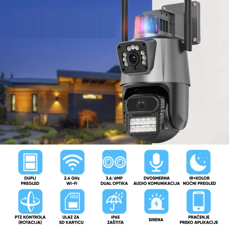 Slika 5 - Spoljna IP Wi-Fi Dual Kamera 3MP + 3MP sa IR Noćnim Vidom, PTZ Rotacijom i Dvosmernim Zvukom – Bežična, IP65, microSD do 256GB